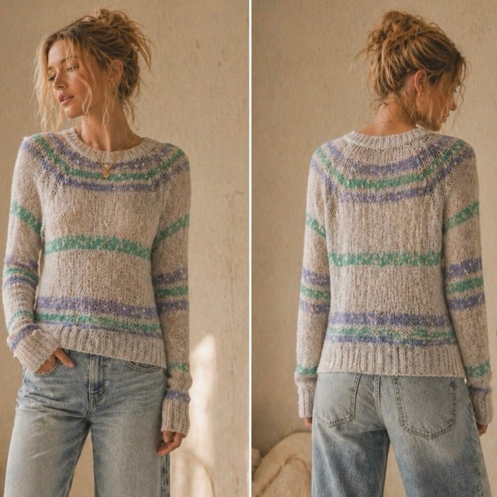 BP Brass Plum Women’s Striped Open Knit Crew Neck Pullover Sweater Top Size XS